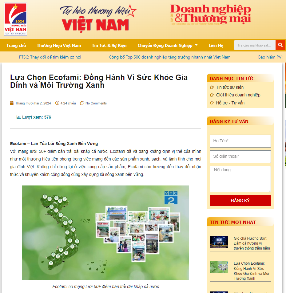 Ecofami vừa được vinh danh trên website Thương Hiệu Tin Dùng