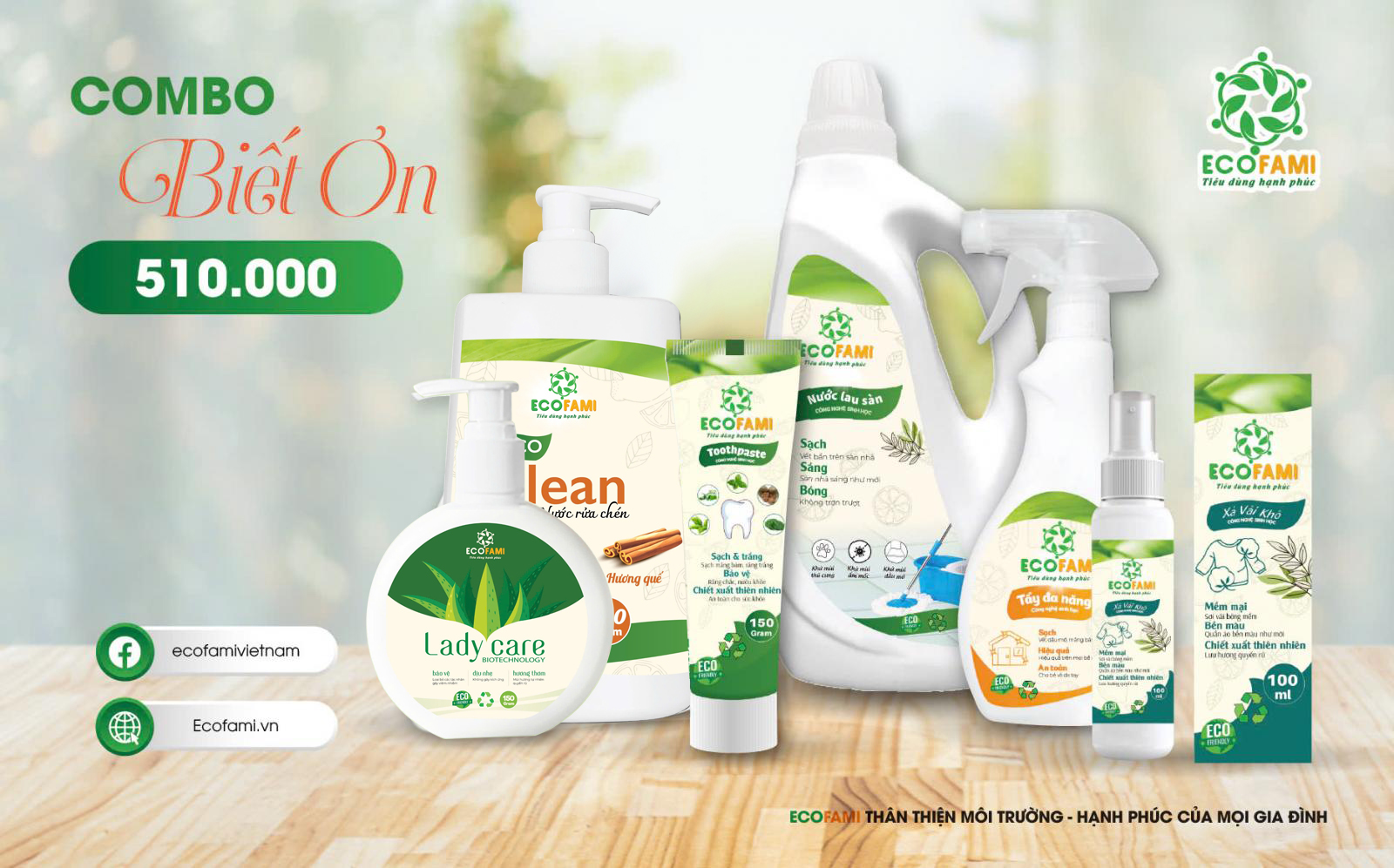 COMBO BIẾT ƠN (Tẩy đa năng, kem đánh răng, nước lau sàn, xả vải khô, nước rửa chén, DD vệ sinh PN)