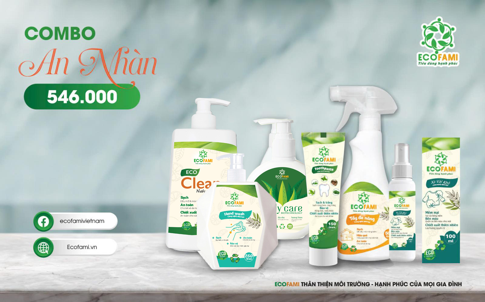 COMBO AN NHÀN (Kem đánh răng, nước rửa tay, DD vệ sinh PN, nước rửa chén, tẩy đa năng, xả vải  khô)