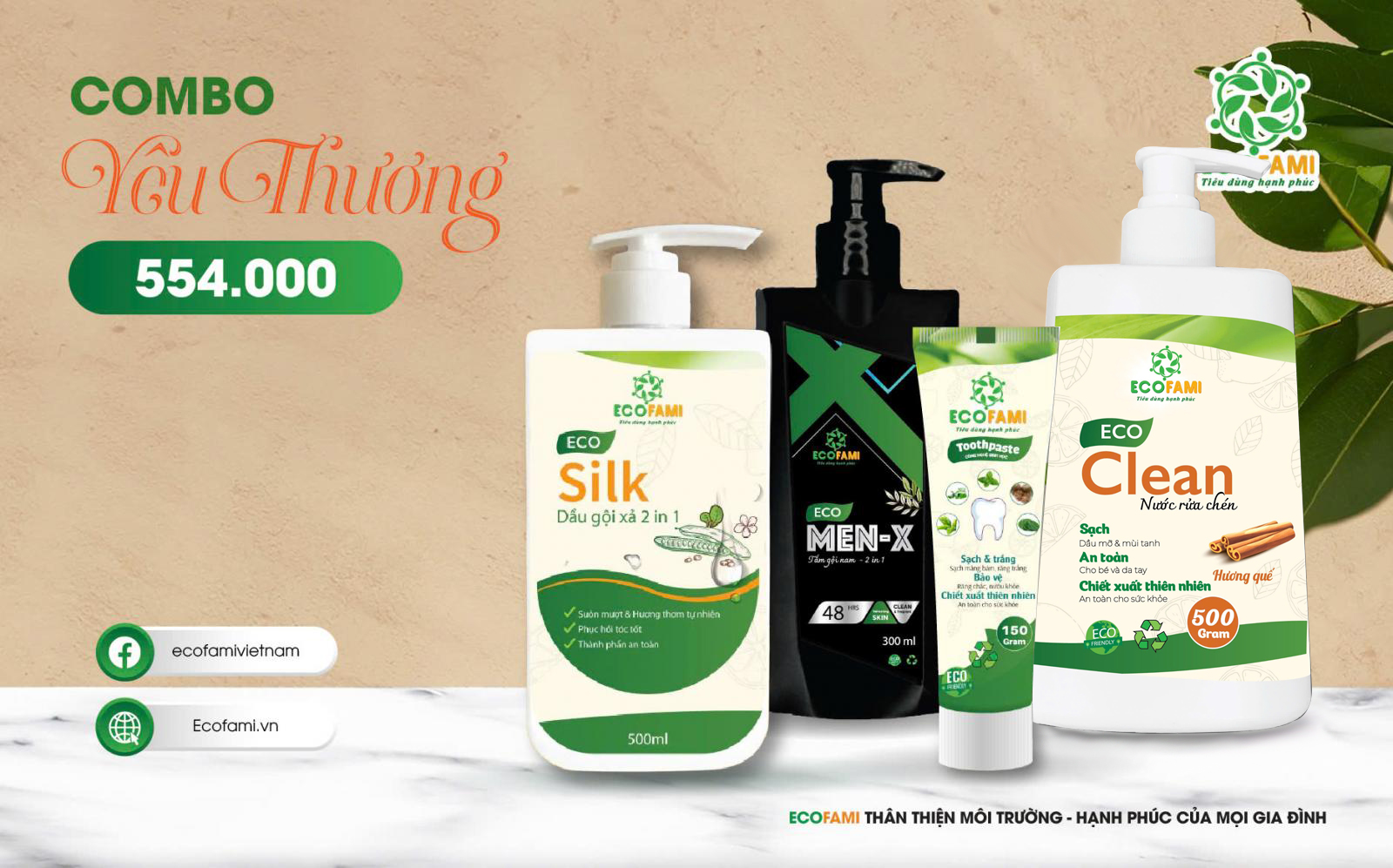 COMBO YÊU THƯƠNG (Dầu gội nữ Eco Silk, Dầu gội nam Eco MenX, kem đánh răng, nước rửa chén)