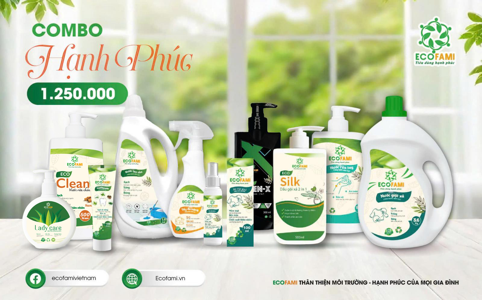COMBO HẠNH PHÚC (Kem đánh răng, nước rửa tay, DD vệ sinh PN, tẩy đa năng, dầu gội nam Eco MenX, dầu gội nữ Eco Silk, nước lau sàn, nước giặt, xả vải khô, Nước rửa chén chanh)