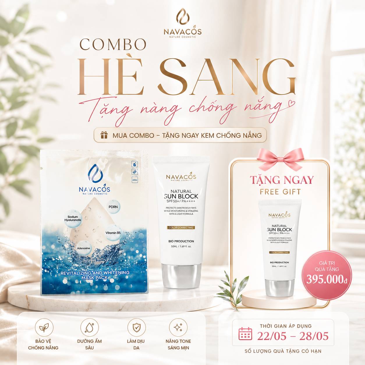 (Kèm qùa tặng) Bộ Đôi Navacos: Kem Chống Nắng Nâng Tông & Mặt Nạ Phục Hồi Chuyên Sâu