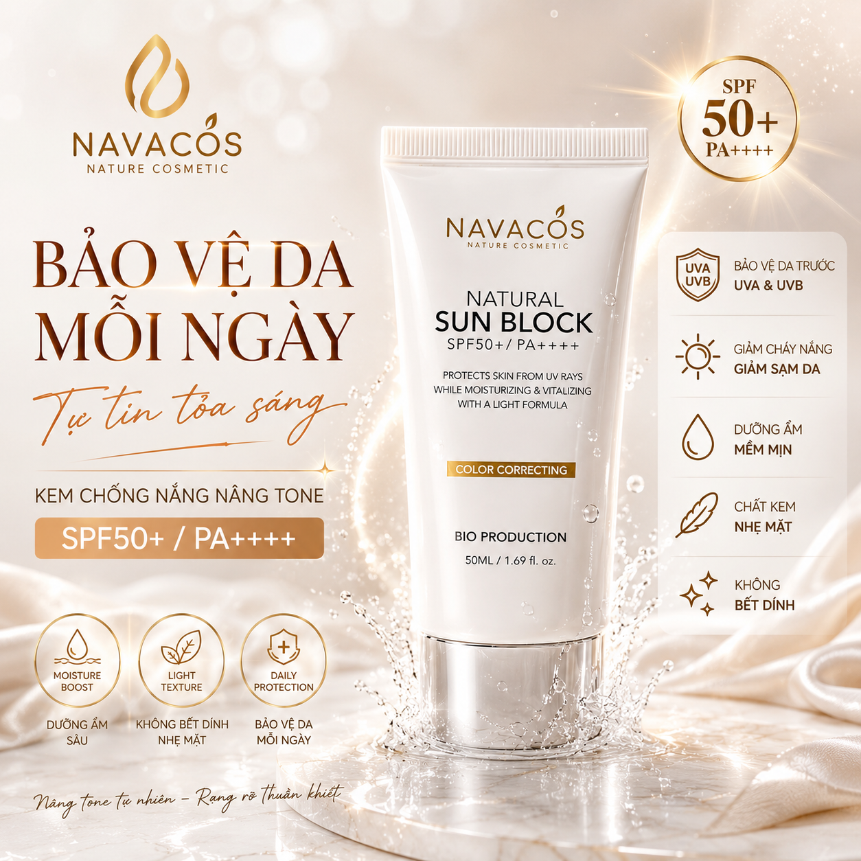 (Kèm qùa tặng) Bộ Đôi Navacos: Kem Chống Nắng Nâng Tông & Mặt Nạ Phục Hồi Chuyên Sâu