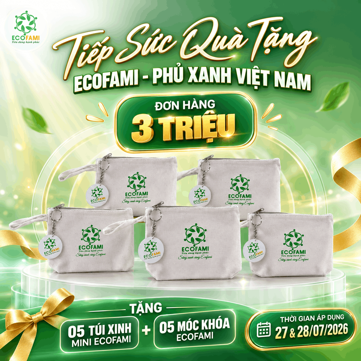 Tiếp Sức Quà Tặng Ecofami - Phủ Xanh Việt Nam | Đơn Hàng 3 Triệu Nhận Ngay 5 Túi Xinh Mini & 5 Móc Khóa Ecofami