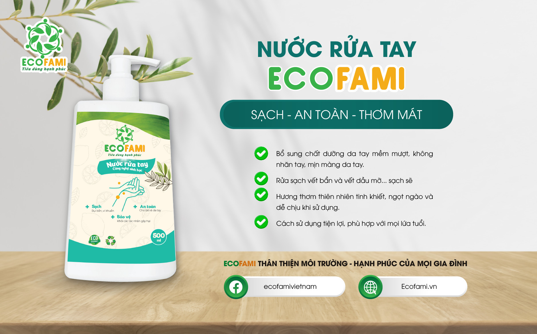 (Qùa tặng 6 tặng 1) Nước rửa tay Ecofami 500ml